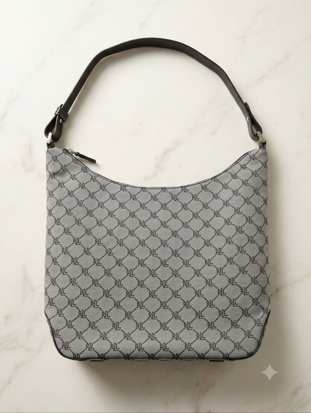 Ralph Lauren Gray Monogram Hobo Shoulder Bag with Black Strap